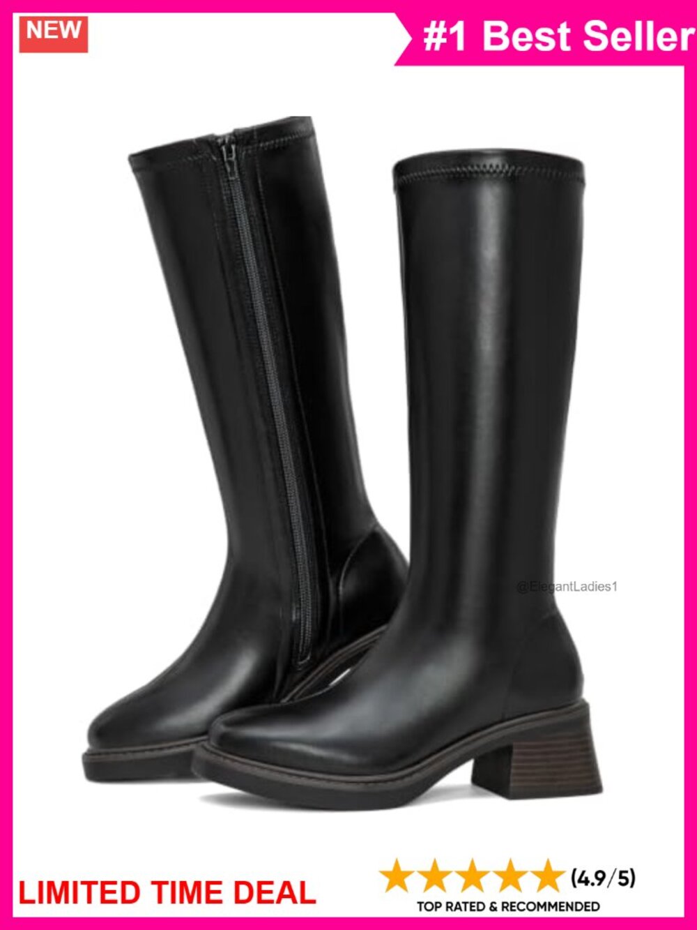 Women's Block Low Heel Knee High Boots Square Toe Faux Leather Riding Boots Zip